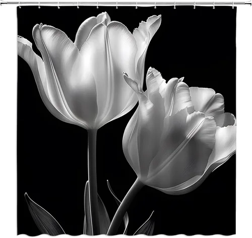 Cortina de ducha floral negra elegante tulipán negro blanco y negro, diseño moderno de impresión artística única, juego de decoración de baño con