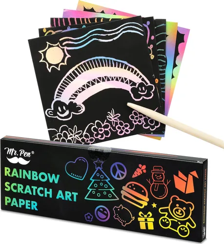 Mr. Pen - Arte para rascar para niños con lápiz capacitivo de madera, 125 piezas, papel para rascar arco iris, papel de arte para rascar