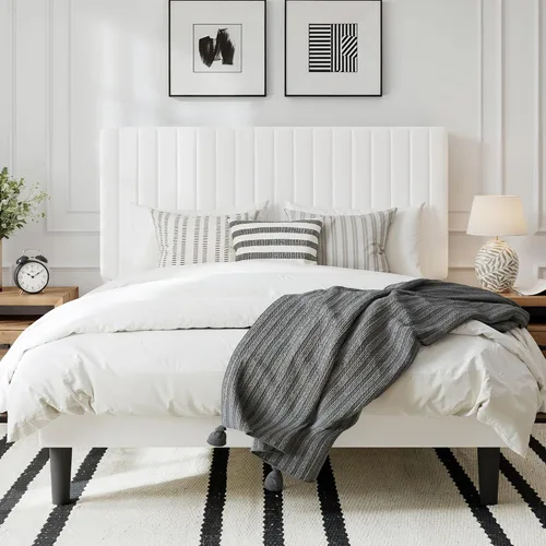 Miniatura 10 de GOLDORO Base de cama tapizada de terciopelo de tamaño matrimonial con cabecera capitoné de canal vertical, soporte de listones de madera,