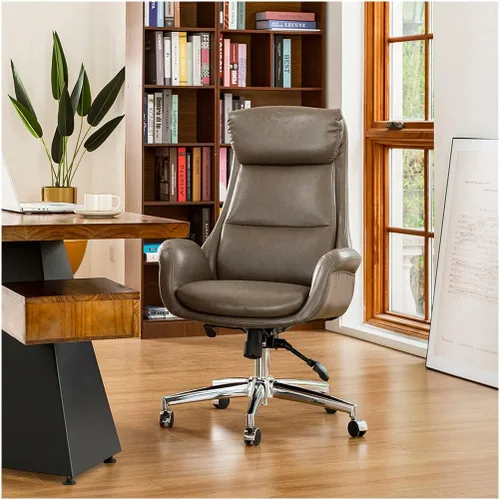 Miniatura 10 de Glitzhome Mid-Century Modern Air Leatherette Silla de oficina giratoria ajustable con respaldo alto, color negro