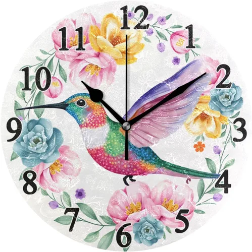 Hummingbird - Reloj de pared de resorte redondo de 10 pulgadas, sin tictac, silencioso, funciona con pilas, reloj analógico atómico de cuarzo,