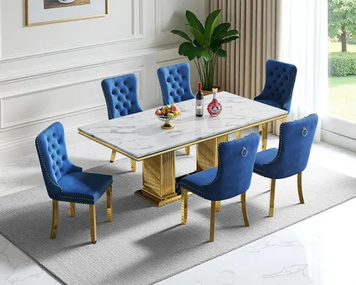 Miniatura 49 de Henf Juego de mesa de comedor de mármol sintético de 68 pulgadas para 6, juego de mesa de comedor de 7 piezas con 6 sillas copetudas de terciopelo