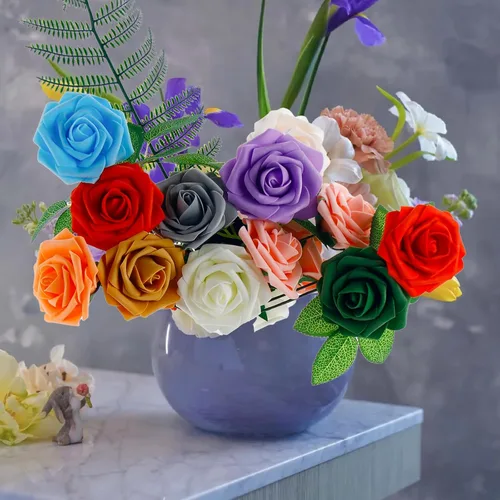 Miniatura 7 de 25 rosas artificiales de color púrpura con tallo largo, de espuma falsa con sensación real, para decoración, ramos de boda, centros de mesa, ducha