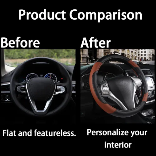 Miniatura 5 de BELOMI - Funda de cuero para volante de automóvil, universal de 15 pulgadas para auto, camioneta y SUV, diseño deportivo antideslizante y Café