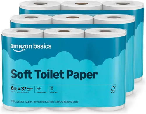 Miniatura 7 de Amazon Basics - Papel higiénico de 2 capas, 6 rollos = 24 rollos regulares, 350 hojas, (1 paquete de 6), sin perfume
