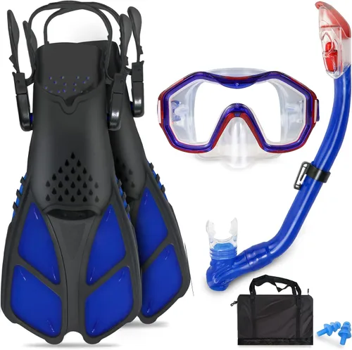 Miniatura 11 de Juego de esnórquel para niños – Aletas ajustables + máscara de esnórquel panorámica + tubo de esnórquel seco + bolsas de viaje – Adecuado para niños