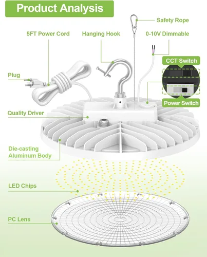 Miniatura 6 de KUKUPPO Luz LED de alta bahía de 150 W, 120 W, 90 W, ajustable, 4500 K, 5000 K, 5700 K, luz LED de alta bahía con enchufe para almacén de fábrica