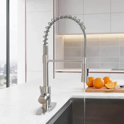 Miniatura 6 de KINGO HOME Grifo de fregadero de cocina con rociador extraíble, grifo de barra de acero inoxidable de níquel cepillado de una sola manija, grifos