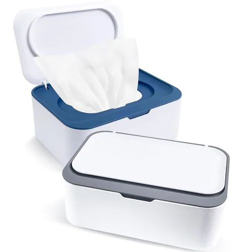 Miniatura 10 de 2 dispensadores de toallitas reutilizables, contenedor de toallitas recargable, fácil de abrir y cerrar con tapa, para baño, bebé, guardería, Azul +