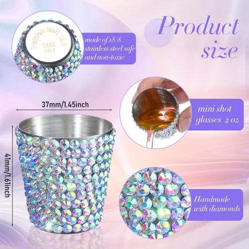 Miniatura 2 de Tioncy Paquete de 12 vasos de chupito de acero inoxidable con diamantes de imitación de 1 onza, mini vaso con brillantina, vasos pequeños de metal