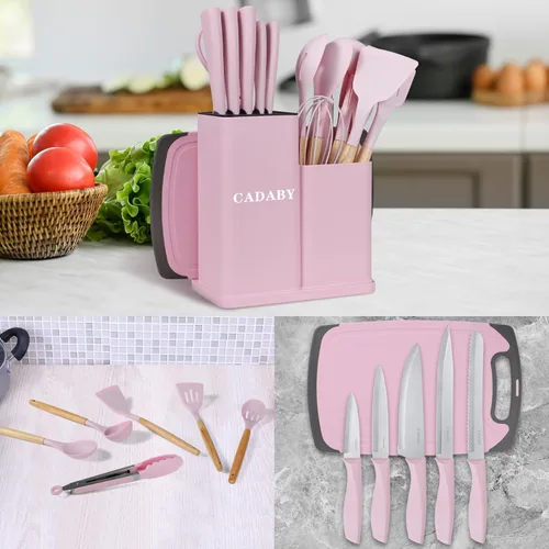 Miniatura 9 de Juego de utensilios de cocina de 19 piezas, 11 piezas de utensilios de cocina de silicona, juego de 6 cuchillos afilados de acero inoxidable rosa