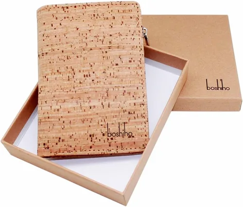 Miniatura 7 de boshiho Cartera de bloqueo RFID ecológica con corcho biplegable para tarjetas con monedero con cremallera y ventana de identificación (corcho) (01)