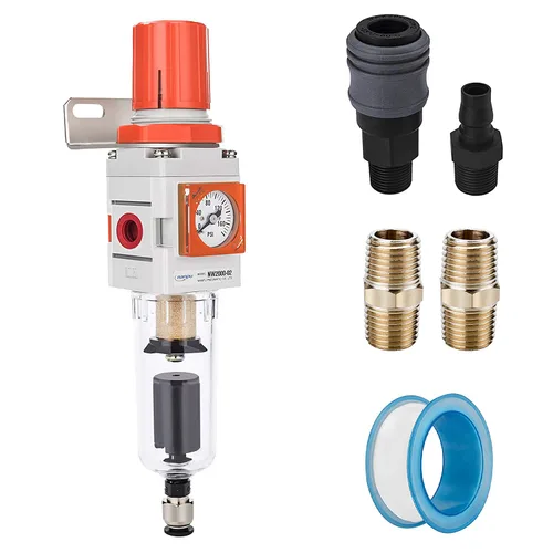 Miniatura 9 de NANPU 1/2 "NPT Embedded Gauge Compressed Air Filter/Regulador Piggyback Combo, Drenaje Automático, Elemento de Latón de 5 Micrones, Cuenco