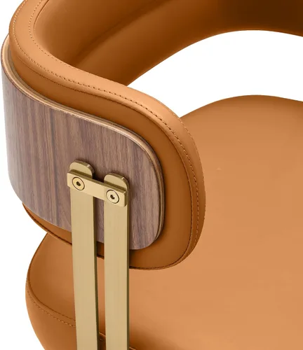 Miniatura 4 de ARTPLAN Mid-Century - Juego de 2 sillas de comedor tapizadas de cuero con chapa de madera de nogal y patas de metal dorado, cojín de espuma de alta