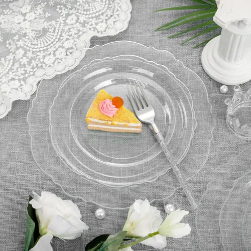 Miniatura 3 de Liacere - 150 platos de plástico plateado transparente y cubiertos desechables de plástico plateado con mango de bambú con purpurina - Platos