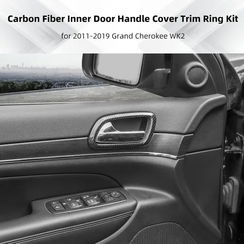 Miniatura 6 de Kit de anillo de ajuste de cubierta de manija de puerta interior de fibra de carbono, 4 piezas para Jeep Grand Cherokee 2011-2019
