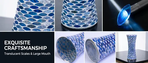 Miniatura 3 de Jarrón de mosaico de escamas de pez azul marino profundo de 11.6 pulgadas de alto, exquisito jarrón de vidrio alto hecho a mano, centro de mesa