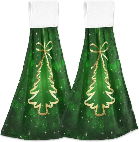 Fondo verde con árbol de Navidad, toallas de cocina colgantes, 2 piezas, toallas de baño de mano, toallas de cocina, toalla de corbata, paños de té