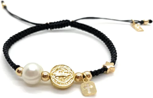 Miniatura 3 de Alea Collection Medalla protectora de San Benito con dijes sagrados de cuerda negra ajustable para mujer, Cuerda de algodón de lino, dije chapado