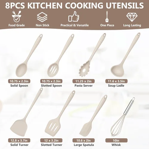 Miniatura 2 de TeamFar Juego de utensilios de cocina de silicona, 8 piezas, resistente al calor de 446 °F, espátula, cuchara, batidor, utensilios de cocina Caqui