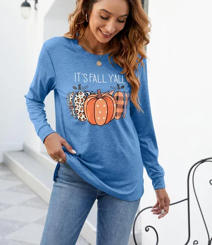 Miniatura 3 de Sudaderas con estampado de calabaza para mujer, cuello redondo, casual, manga larga para otoño
