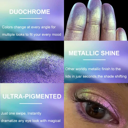 Miniatura 4 de Afflano Sombra de ojos única morado-dorado brillante, sombra de ojos multicolor cromo duo, sombra de ojos holográfica con purpurina, cambio