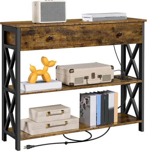 Miniatura 10 de Yaheetech Mesa consola con tomas de corriente y puertos USB, mesa de entrada de madera con cajón y estantes abiertos, mesas de sofá estrechas