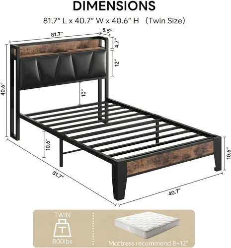 Miniatura 181 de LIKIMIO Base de cama Queen, cabecera de almacenamiento con estación de carga, sólida y estable, sin ruido, no necesita somier, fácil montaje Vintage