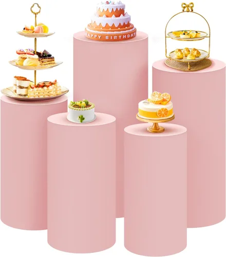 Miniatura 33 de SaitiMade Juego de 3 fundas para pedestal de cilindro beige, fundas de elastano para decoración de fiestas, bodas o eventos de cumpleaños, solo