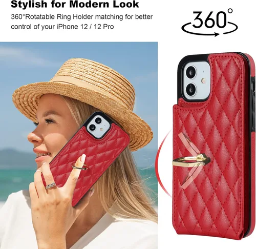 Miniatura 3 de Folosu Funda compatible con iPhone 12 iPhone 12 Pro con soporte para tarjetas, rotación de 360°, soporte de anillo de dedo con función atril, Rojo