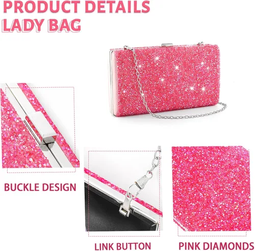 Miniatura 6 de ELABEST Bolso de mano de noche con purpurina con diamantes de imitación, bolso cruzado para bodas y fiestas para mujeres y niñas