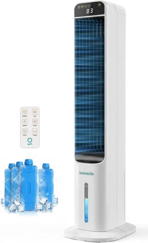 SereneLife - Enfriador de aire evaporativo de torre con control remoto, tanque de 5L, 4 contenedores para hielo, 3 velocidades, enfriador silencioso