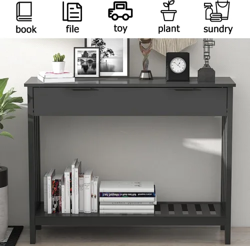 Miniatura 3 de TaoHFE Mesa de entrada negra con cajón, mesa consola estrecha moderna de madera con almacenamiento, mesa de pasillo, mesas de sofá para sala