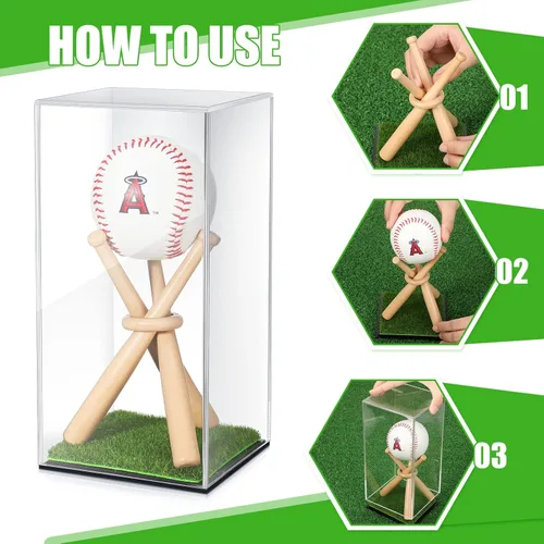 Miniatura 2 de Mudder Vitrina de béisbol y soporte de madera, soporte de acrílico para béisbol, caja de acrílico con almohadilla de césped para exhibición