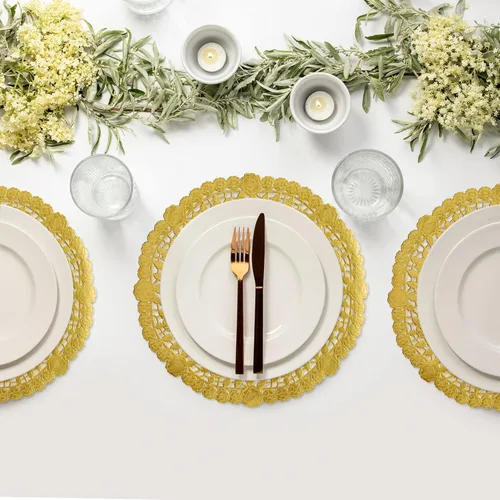 Miniatura 6 de 50 manteles individuales de encaje dorado de 10 pulgadas, manteles individuales desechables decorativos dorados metálicos para bodas, postres, mesas