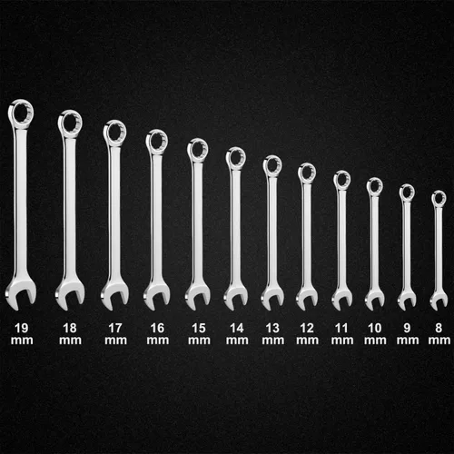 Miniatura 3 de Juego de 11 llaves combinadas SAE en bolsa enrollable, tamaños de pulgada sin saltos de 1/4 a 3/4" Acero al cromo vanadio con acabado espejo