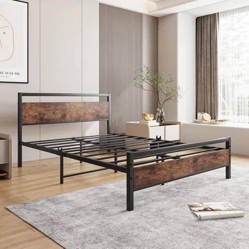 Miniatura 7 de HOJINLINERO Base de cama de tamaño matrimonial con cabecero, plataforma resistente, marco de cama de acero reforzado con plataforma de tubo Marrón
