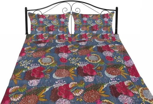 Miniatura 17 de Sophia-Art Colcha reversible de frutas indias para cama individual/king con patrón Gudri de algodón puro estilo Kantha, colcha decorativa con Rosa