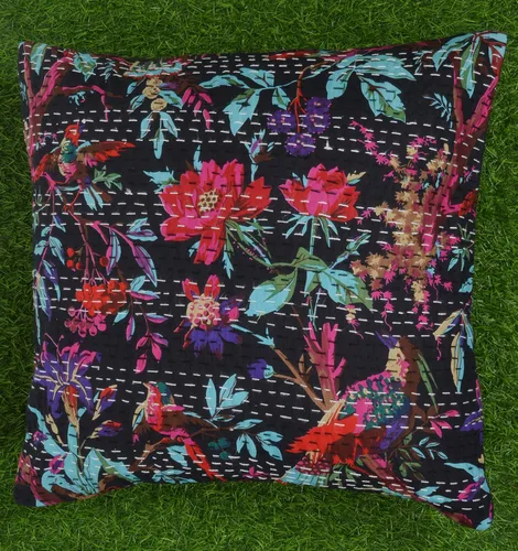 Miniatura 2 de Funda de almohada Kantha hecha a mano india 100% algodón, estampado de pájaros, negro, 18 x 18 pulgadas