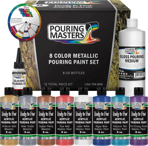 Juego de pintura acrílica Pouring Masters de 8 colores listo para verter, metálico iridescente, con aceite de silicona y medio brillante, botellas