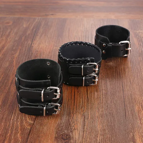 Miniatura 6 de Cupimatch 3 pulseras de cuero ajustables negras, pulsera de cuero ancho punk rock para hombres para el día del padre