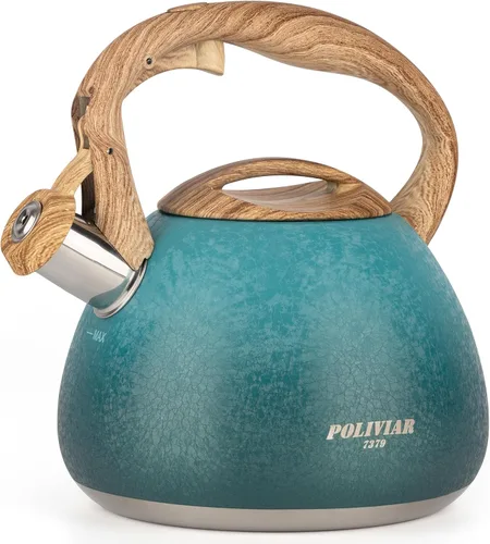 Miniatura 13 de POLIVIAR - Hervidor de té para estufa de 2.7 cuartos de galón, tetera silbante con acabado crujiente, acero inoxidable de grado alimenticio