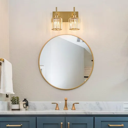 Miniatura 5 de Lámparas de baño doradas, 2 lámparas de tocador de cristal para baño, luces modernas de latón sobre espejo