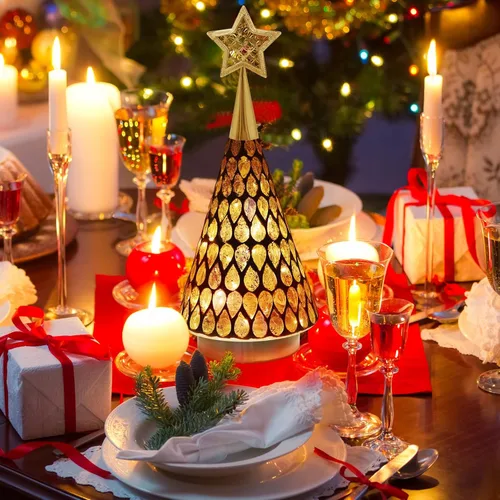 Miniatura 5 de Árbol de Navidad de vidrio con mosaico dorado con estrella, 2 piezas de árboles de Navidad pequeños de mesa con luz, árbol de Navidad a