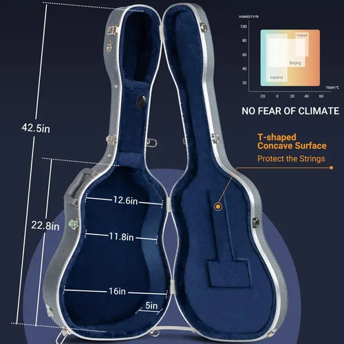 Miniatura 3 de CAHAYA Funda para guitarra acústica ABS resistente al agua, funda rígida de 41 pulgadas, bolsa de concierto de 0.6 pulgadas de grosor, acolchado Azul