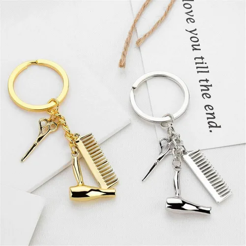 Miniatura 8 de Wixine 2 unids peluquero secador de pelo tijera peine llavero creativo llavero joyería regalos, Blanco,Oro