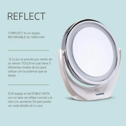 Miniatura 2 de Howlite Reflect - Espejo de maquillaje LED recargable 5X con doble vista, 1800 mAh con botón táctil