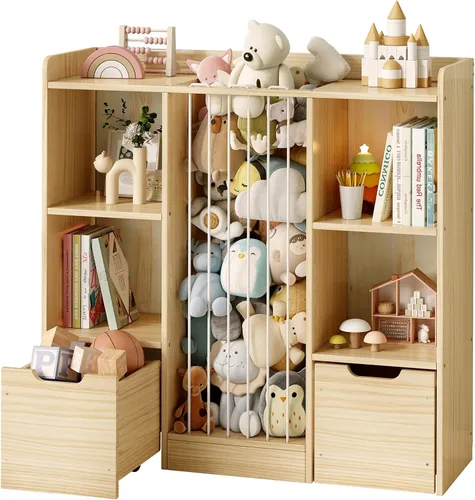 Organizador de almacenamiento de juguetes con almacenamiento de animales de peluche, organizador de juguetes de madera de pino macizo y zoológico de
