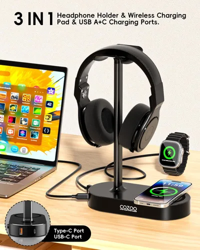 Miniatura 2 de COZOO Soporte para auriculares con almohadilla de carga inalámbrica rápida y 2 puertos de carga USB, adecuado para juegos, DJ, accesorios