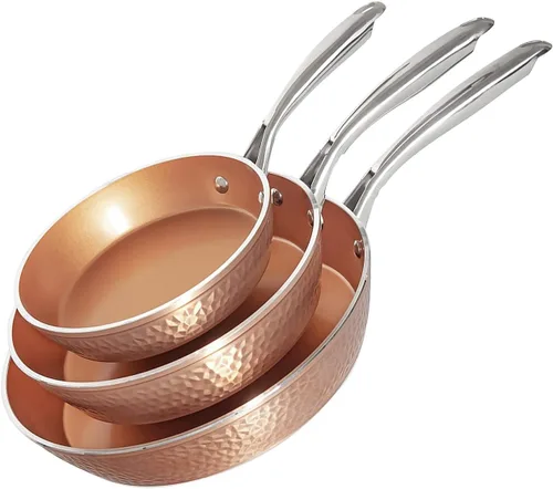 Gotham Steel Juego de sartenes martilladas, 3 sartenes antiadherentes de cobre, sartén de 8, 10 y 12 pulgadas, sartén para tortillas, utensilios de